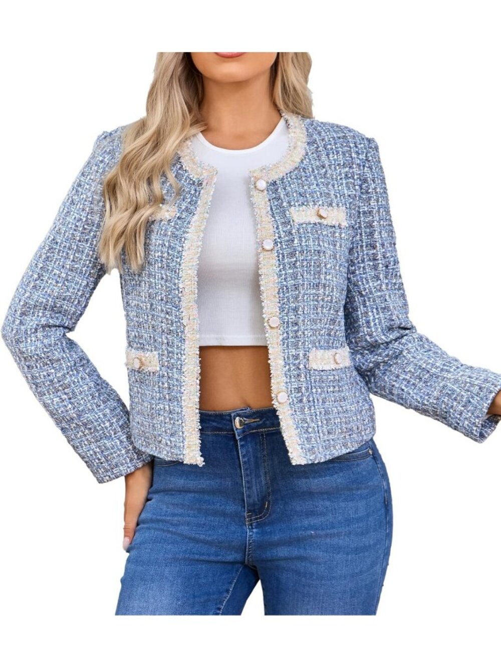 Chic Women's Cropped Tweed Blazer with Lace Trim - Lightweight Plaid Work Jacket